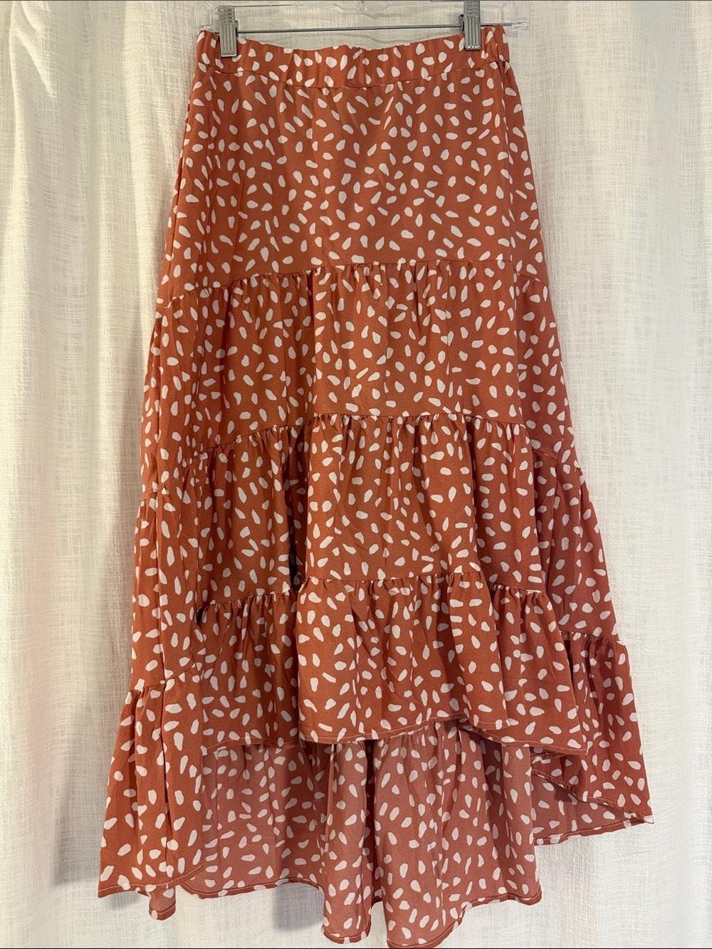 Tiered Midi Skirt in Rust Orange with White Print
